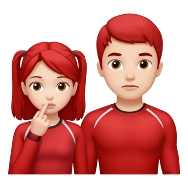 Girl and boy in red gym clothes and thoughtful faces and They have one hand on lip sticker