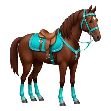 Dark chestnut horse with turquoise western tack full body standing still sticker