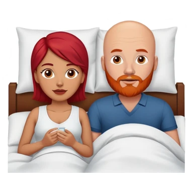 White Bald man with red beard and Hispanic woman with dark brown hair in bed sticker