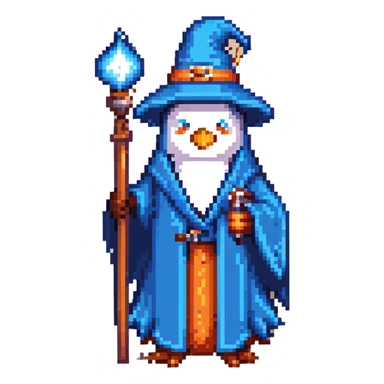pixel art penguin wizard with a blue robe and staff sticker