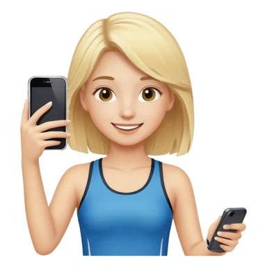 happy girl with blond hair and sports clothes take a photo with her phone sticker