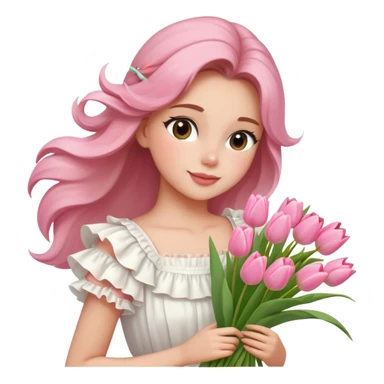  A girl with a half-up half-down hairstyle, and a white ruffled top, enjoying the spring breeze.Holding a bundle of pink tulips sticker