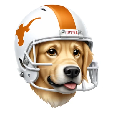 Golden retriever dog wearing university of Texas football helmet  sticker