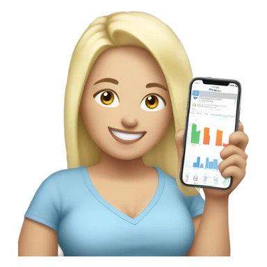 overweight blondie woman happy with a smartphone in hands showing charts sticker