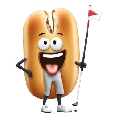 Man playing golf but the golf ball is a hot dog sticker