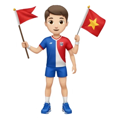 A boy in a jersey, excitedly lifting a small handheld flag and shorts with simple sport shoes sticker