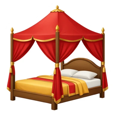 bed with red and gold sheets, wooden, canopy, simple sticker