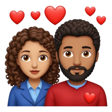 pareja de Mujer morena rizada cabello largo castaño ojos oscuros y hombre blanco con cabello negro corto con barba y ojos marron alrededor de la pareja corazones sticker