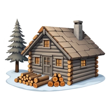 Greyish brownish winter cabin with wood logs laying outside sticker