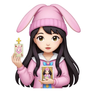 pixel art chibi asian girl with dark long hair in pink bunny hat magical girl with kawaii tarot cards thrown in air pixel emoji sticker