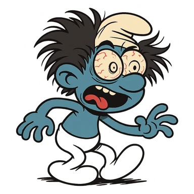 a smurf character with exaggerated, wild eyes and messy hair, looking disheveled and hyperactive, cartoon style sticker