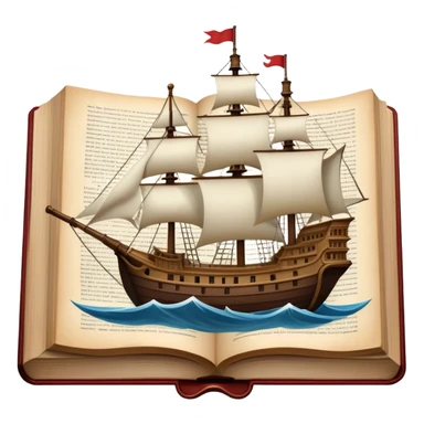 Icon for Reading Fiction: a large open book with pages turning into a sailing ship, with musketeers on horseback, and Sherlock Holmes with a magnifying glass standing nearby. The icon should evoke the adventure and romance of exploring fictional worlds. Transparent background. sticker