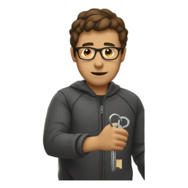 brown-short-haired man with glasses, struggling to fit a key into a lock door sticker
