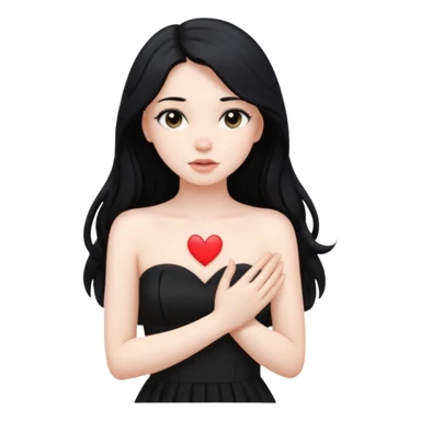Pale girl with long black hair and black strapless dress with hands over her heart sticker