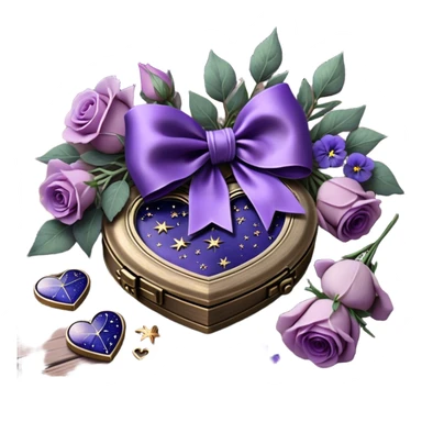 A midnight purple silk bow wraps around a bundle of wilted lavender sprigs, velvety pansies, and blush-violet roses, resting on an aged wooden table. Nearby, an antique silver locket shaped like a heart, engraved with tiny celestial stars, glistens faintly under the dim candlelight. sticker