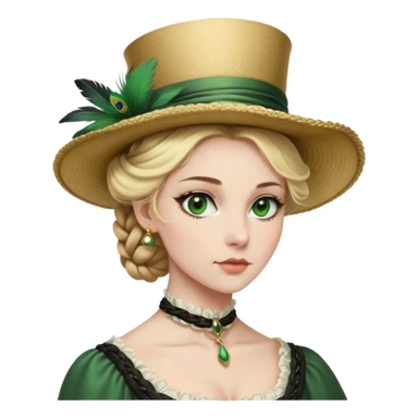 lady with Pale complexion, sharp features, high cheekbones, Blonde hair, usually styled in regancy braided updo, green eyes accessorized with a feathered hat, old england style sticker