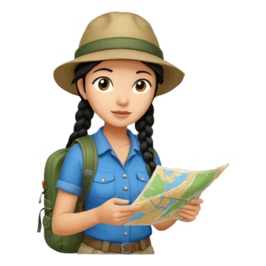 A braid black hair backpacking woman checking her map with curious eyes while walking in the woods with camping hat full body sticker