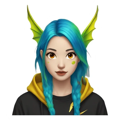 Lady with brunette and iridescent blue hair, gold, lime green dragon wings, black hoodie, bleach dyed, black and gold Nike t shirt, and bright red eyes sticker