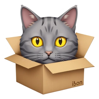 Grey cat with yellow eyes in Amazon box ￼ sticker