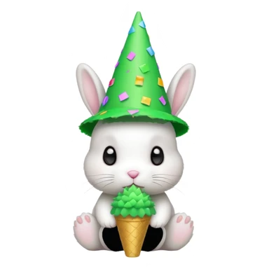 Rabbit in Green Party Hat – white bunny with cone party hat and confetti. sticker