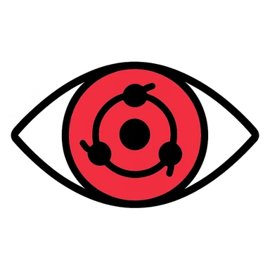 sharingan eye, simplified, flat colors, clean lines, red iris, black tomoe, modern icon sticker