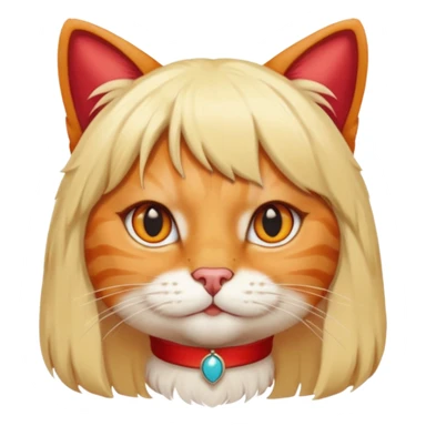 A cat with a wig on and red human nails sticker