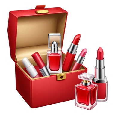 an opened box with a few beauty items such as lipstick and perfume sticker