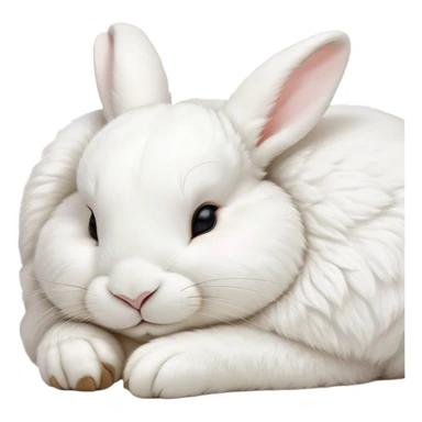 Meme-Worthy Cute Sleeping White Rabbit Portrait Emoji, Head resting peacefully with a contented smile, showcasing a delightfully compact build and a luxuriously soft pure white fur, eyes shut in a serene nap, Simplified yet hilariously adorable features, highly detailed, glowing with a soft, drowsy light, high shine, relaxed and utterly lovable, stylized with an air of playful laziness, bright and heartwarming, soft glowing outline, capturing the essence of a comically sleepy bunny, so meme-worthy it feels like it could instantly become the next viral sensation of adorable slumber! sticker