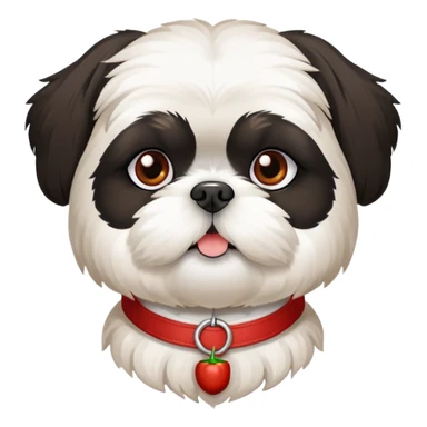 a black and white shi tzu with a collare that has the name "Chilli" on it sticker