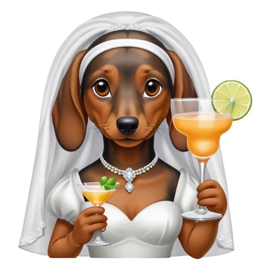 Dachshund with bridal veil and cocktail sticker