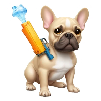 brown french bulldog holding  a water pistol sticker