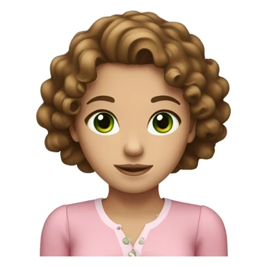 a brown-haired girl with green eyes, curly hair and a pink blouse sticker