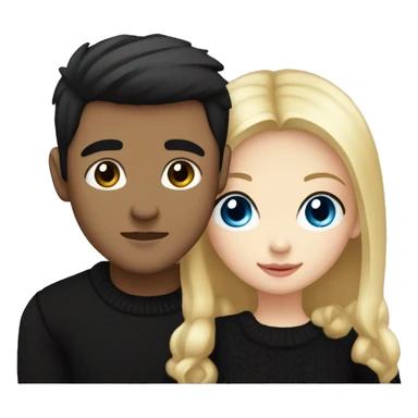 Blonde girl with blue eyes in black sweater and an east asian man with black hair and black eyes hugging sticker