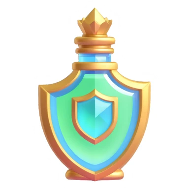 crystal elixir bottle, shield shape, #7986cb, gold trim, magical glowing effects, 🛠 symbol, floating, seamless bottom, modern luxury, no shadow sticker