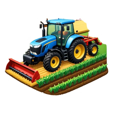 An icon representing a Farming Simulator 22, with a detailed tractor, plowing fields under a bright sky with a colorful rural landscape. The design includes farming tools, crops and barns, symbolizing the immersive experience of managing a farm. Transparent background. sticker