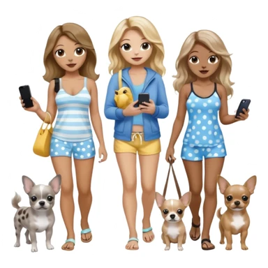 Three pretty women in beach clothes walking 2 dogs, blue and gray spotted Merle Frenchie and walking a black and tan chihuahua puppy, holding iPhone, hazel eyed light skin with dark blonde long hair and light light skin hazel eyed long wavy brown hair, blue eyed light skin long blonde hair  sticker