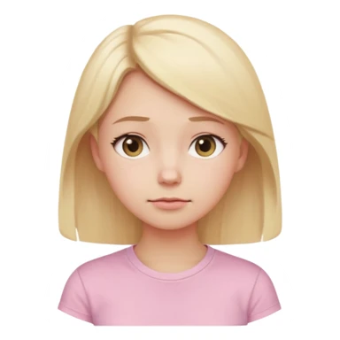 A cute emoji-style girl with light blonde hair and a soft pink t-shirt, looking thoughtfully into the distance, gentle expression, slightly furrowed brows, dreamy eyes, clean white background, simple and smooth vector-like design, pastel tones, 2D flat illustration, high clarity, emoji aesthetic sticker