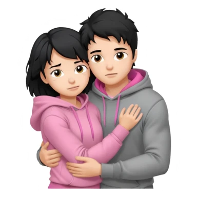 generate a pretty bratz fair skinned boy with messy black hair in a grey hoodie. Hugging his girlfriend who is wearing pink. Make him muscled. Boy in grey hoodie, girl in pink sticker
