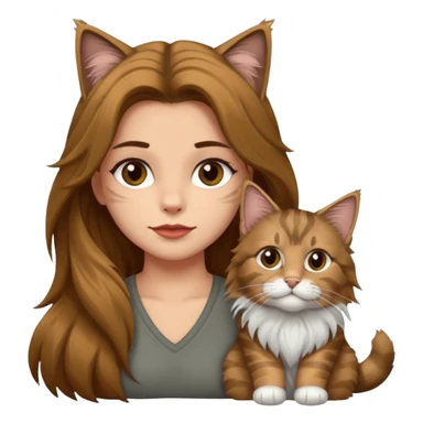 Emojis de una chica de pelo castaño largo sujetando un gatito gordo peludo mainecoon de colores gris negro y marrón  sticker