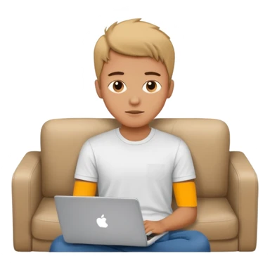 A young guy is lying on the sofa with a laptop sticker