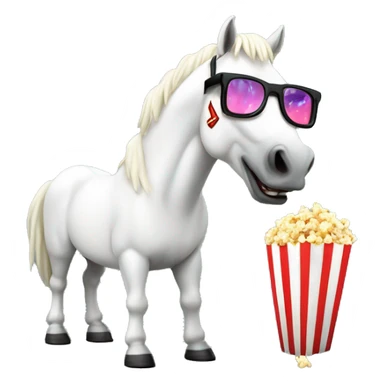 white horse watches a movie in 3D glasses and eats popcorn with "Ritz Films" inscription sticker