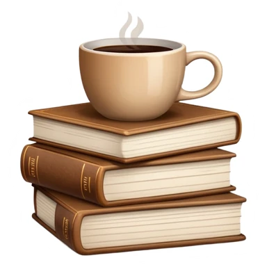 Stack of brown books with a coffee cup on top sticker