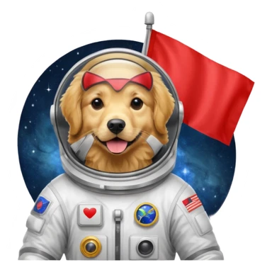 golden retriever in space suit holding red rectangle flag sticker