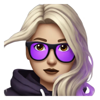 Girl blond artist with round glasses left side behind his laptop with this style: valorant riot Game purple character purple black hooded hacker themed character sticker