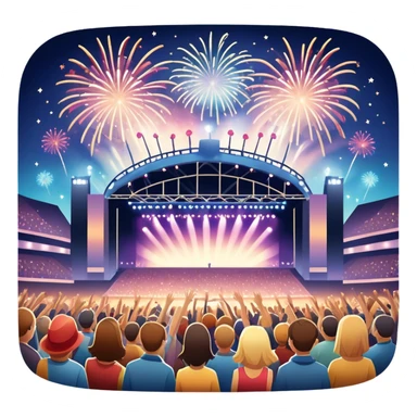 An icon showing a stadium stage with a concert in full swing, bright stage lights illuminating the performers, and fireworks bursting in the sky. The excitement of the crowd is palpable, symbolizing a love for live music and unforgettable shows. transparent background. sticker