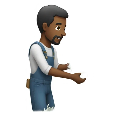 man in field picking white fluff sticker