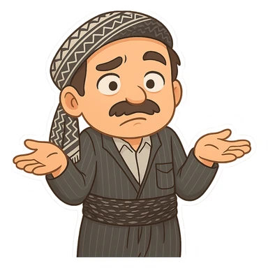 Create a colorful and cheerful cartoon sticker of a Kurdish man wearing the exact same clothes and scarf as the reference images, with no changes to the outfit or scarf. The face should have an indifferent or unsure expression with raised eyebrows and a closed or crooked mouth. Both hands are open with palms facing up, shoulders raised, and the body slightly hunched, exactly matching the pose in the reference images. The image should have no shadows or color halos around it, no text, and a completely transparent background. Suitable for WhatsApp and Instagram. sticker