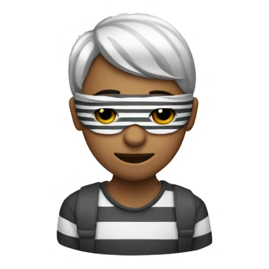 A person wearing stripped shirt and mask around eyes sticker