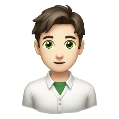 Boy, pale skin, dark green eyes, brunet, white collared shirt, blushing, nervous, hands sticker
