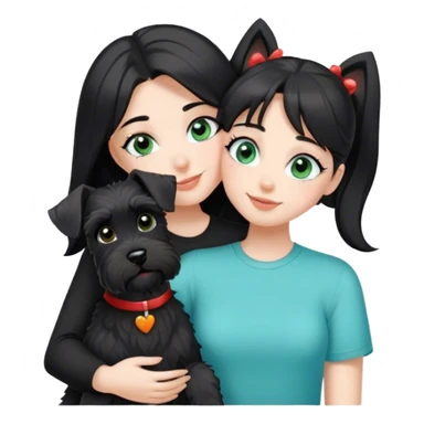 pale girl with light green blue eyes and long black hair wearing black shirt kissing female schnauzer holding smiling black schnauzer  sticker